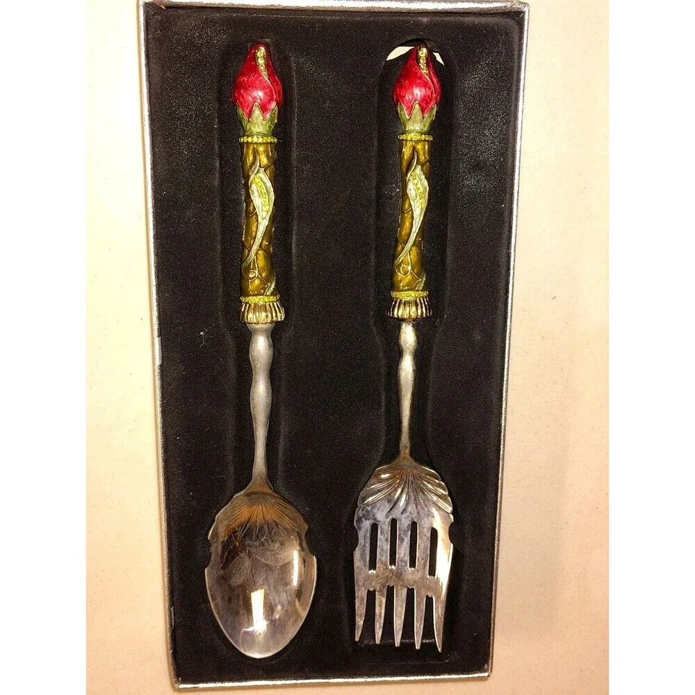 Sainish Ornate Floral Serving Set - Large Fork & Spoon - Jeweled Enamel Handles